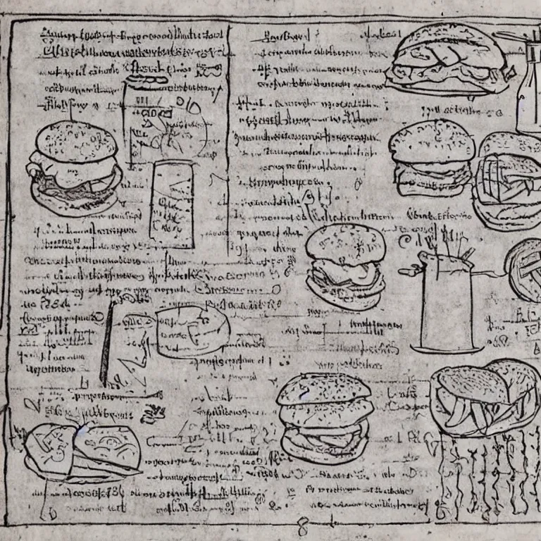 Image similar to ( ( ( ( illustrated recipe for a bigmac hamburger ) ) ) ) lot of medieval enluminures in the background explaining the recipe, schematic in a notebook