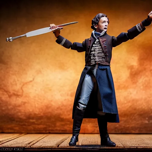 Image similar to plastic action figure from the broadway musical les miserables, wide shot, studio lighting, high resolution product photography