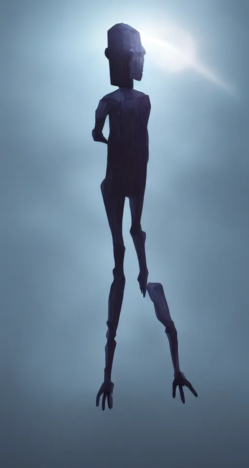 Prompt: A tall humanoid creature from an alternate universe radiating curiosity and caring, exploring and looking around in an alternate universe, wide angle, vertical orientation