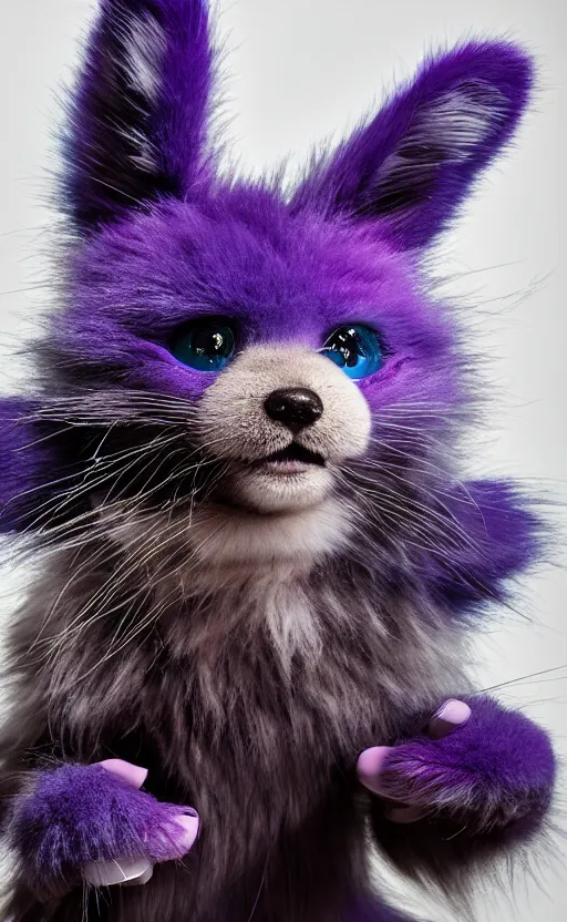 Image similar to An award winning photograph of a blue-eyed furry creature, red fur, with a large purple mustache, large eyes, bubbles in the air, wheels for hands, studio lighting, medium shot, Sigma 85mm, 8k