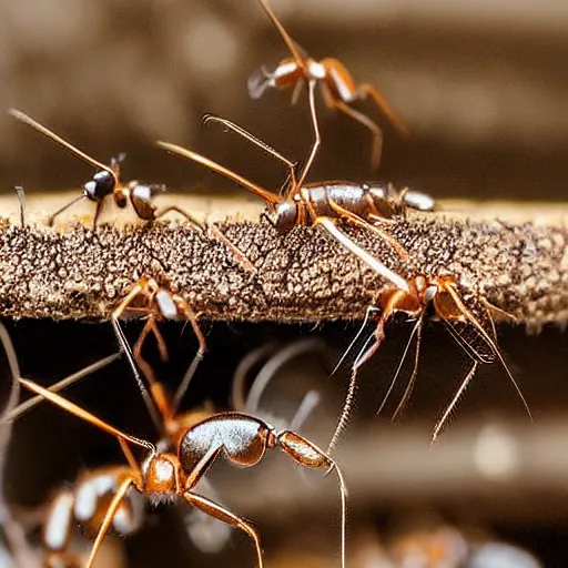 Prompt: a bridge between two desks made of ants, ant bridge, close up shot