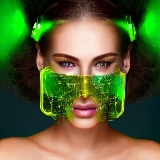 Prompt: portrait of a beautiful futuristic woman layered with high-tech jewelry wrapping around her face and head, green-gold light