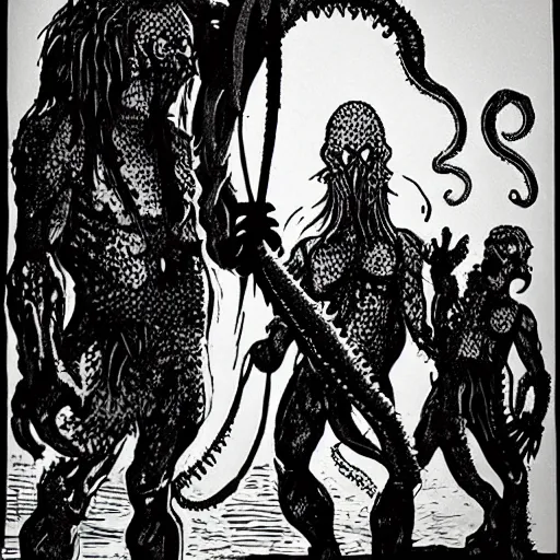 Prompt: Silhouettes of fishmen holding worshipping a statue of Cthulu in a dark cave. D&D. Pen and ink. Black and white. Mike Mignola.