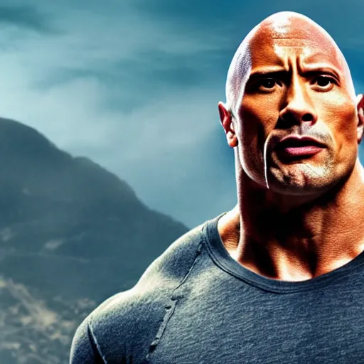 Image similar to photo of dwayne the rock johnson flexing and yelling let's go!, bell visible in the background on his right, low perspective, isometric perspective, film scene