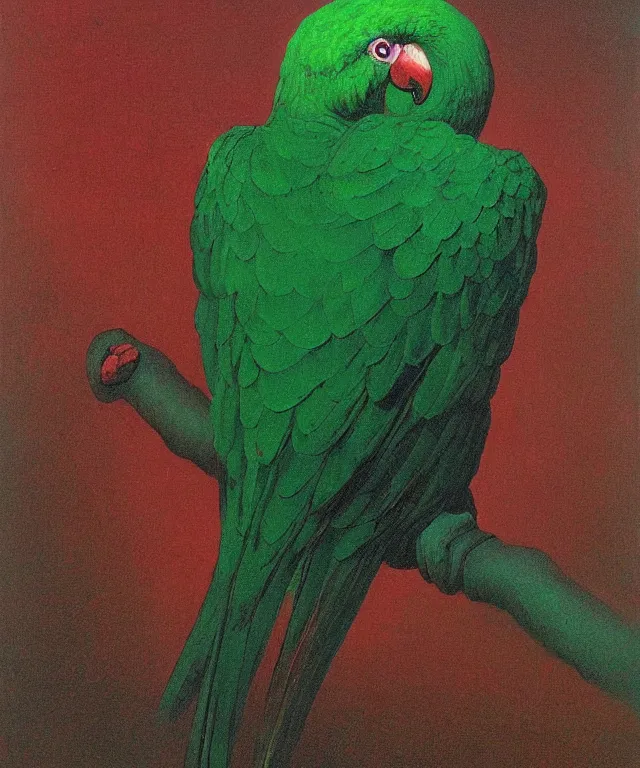 Image similar to beautiful emerald green parrot with red aura and eyes, by zdzisław beksinski, by gustave dore