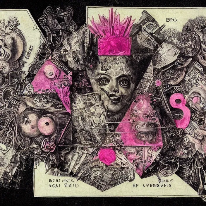 Image similar to post - punk new age album cover, asymmetrical design, dollar bank notes, capitalism, magic, apocalypse, psychedelic, black white pink, highly detailed, magic, giger h. r., giuseppe arcimboldo