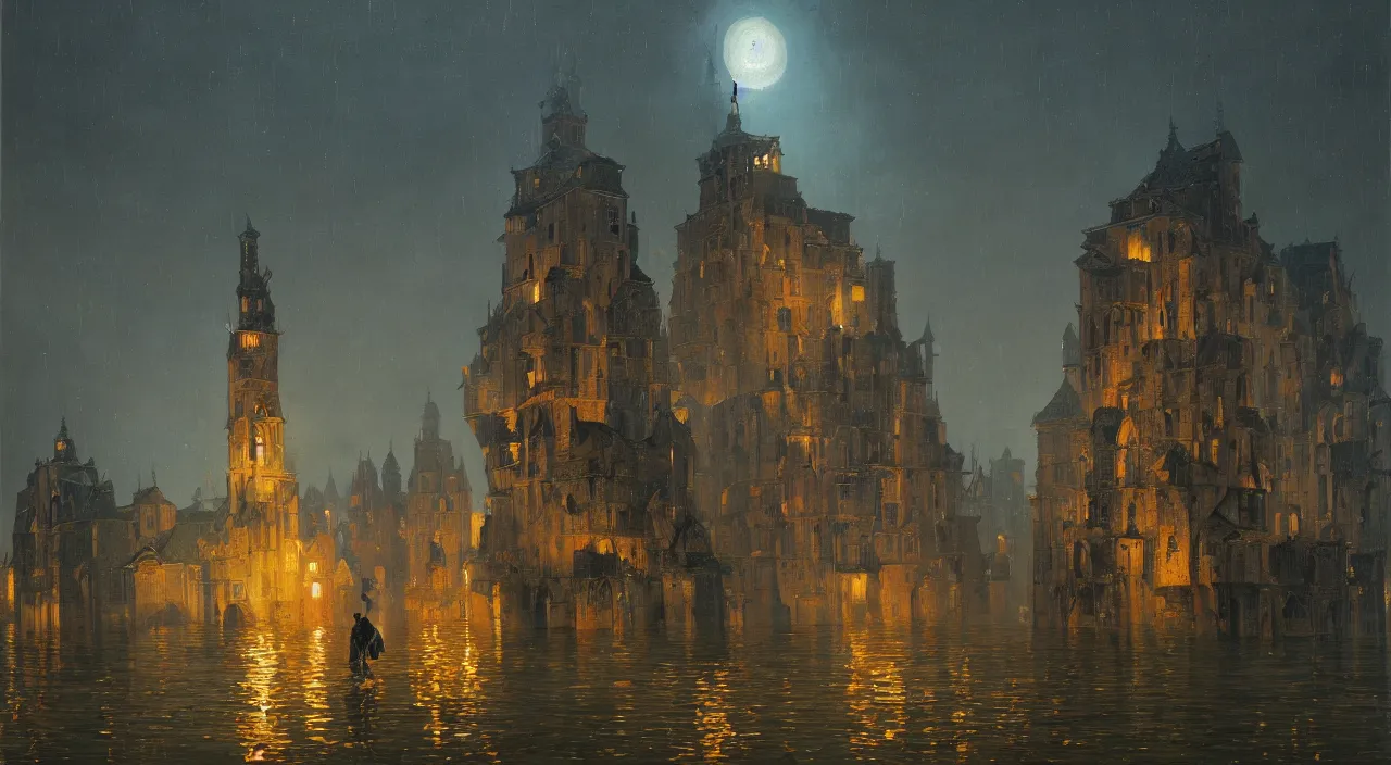 Prompt: an oil painting of a flooded ancient mage tower at night by simon stalenhag carl spitzweg jan van eyck audubon rene magritte max ernst, full-length view, highly detailed, vibrant colors, extremely! high! contrast!, symmetry, great composition, high detail, cinematic lighting, award winning masterpiece, trending on artstation