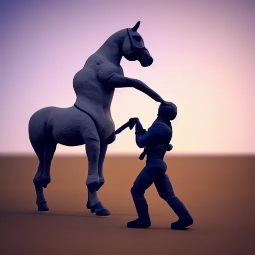 Image similar to an astronaut standing on the ground and a small trippy aggressive centaur standing on that poor human being standing on all fours astronaut, really trying to ride it, the horse is on his shoulders and grabbing them, the astronaut is holding the legs with his arms, minimalist style, 3 d render, isometry
