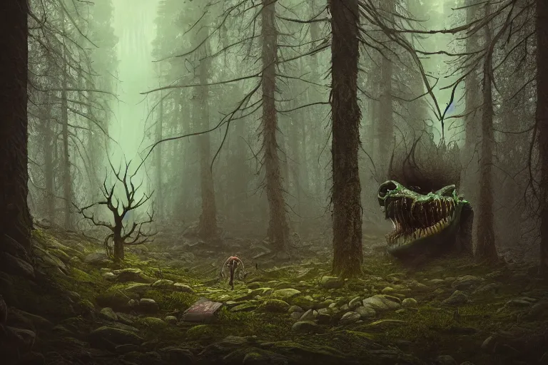 Prompt: creepy eldritch monster in a swedish forest, very low angle photograph, very detailed, trending on artstation, realistic, soft colors, simon stalenhag, lovecraft, horror