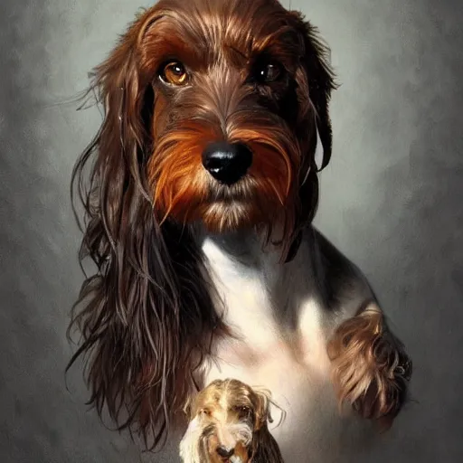 Image similar to portrait of a rugged wirehaired dachshung, salt and pepper hair, soft hair, d & d, muscular, fantasy, intricate, elegant, highly detailed, digital painting, artstation, concept art, smooth, sharp focus, illustration, art by artgerm and greg rutkowski and alphonse mucha