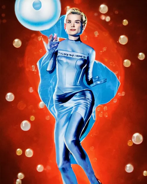 Prompt: drew struzan style movie color poster of grace kelly dressed as sue storm, the invisible woman from the fantastic four, with her hands held up, she is generating an iridescent bubble of particles around her body in the form of a shimmering bubble force field, soft focus, bokeh, 5 0 mm