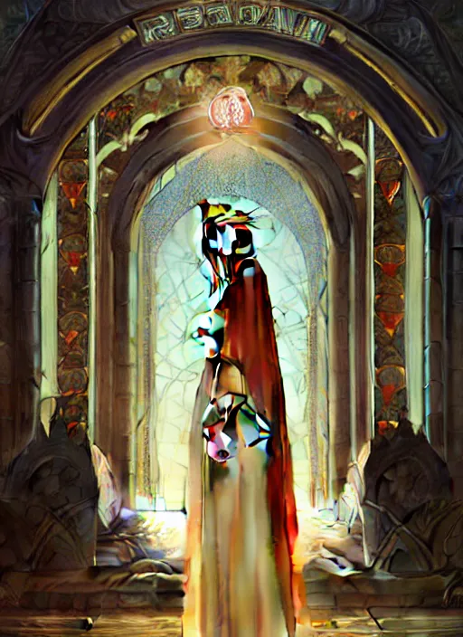 Image similar to portrait of a full body of curvy young female solarpunk priestess in byzantine robes, fantasy, flat lighting, intricate, highly detailed, digital painting, artstation, concept art, smooth, sharp focus, illustration, art by simon bisley and greg rutkowski and alphonse mucha, natural tpose