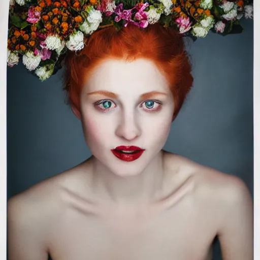 Image similar to !dream Fine art photo of the most beautiful woman, she is redhead, she is posing while maintain a sweet eye contact to the camera, she has a crown of flowers, she has perfect white teeths, the photo was taking by Annie Leibovitz, matte painting, oil painting, naturalism