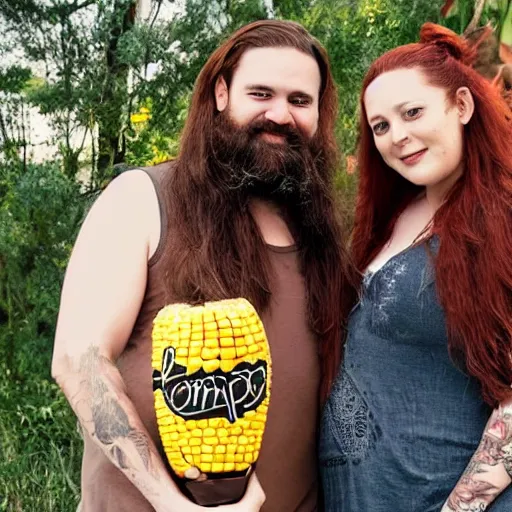 Image similar to photo of an attractive couple. The woman has long straight red hair. The man has a dark thick neatly groomed beard and tattoos. They are holding a giant corn and a cute baby.