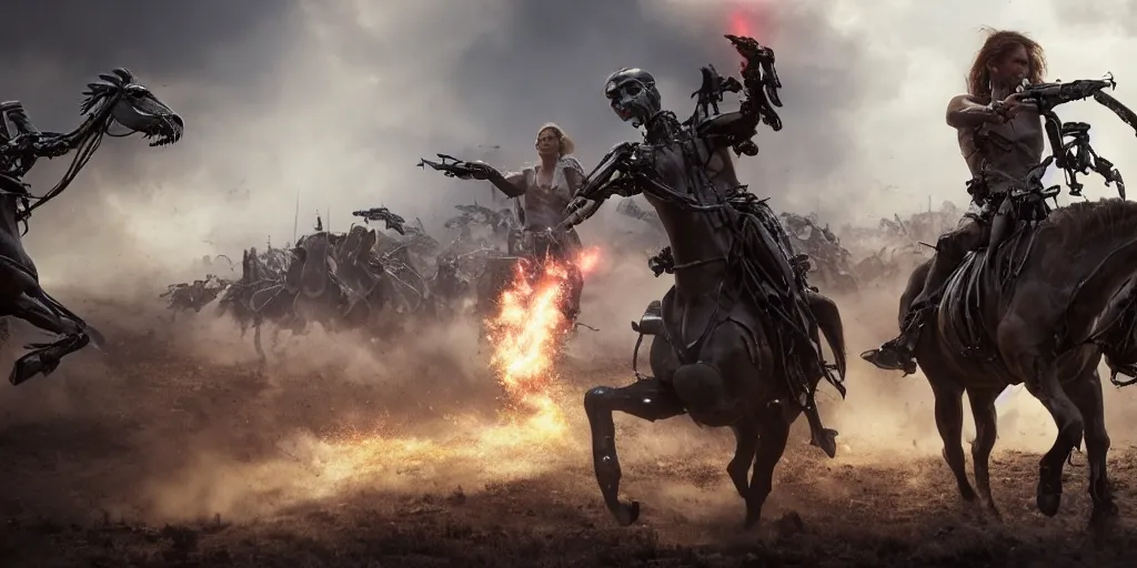 Image similar to a promotional movie still from terminator ( t 2 ) depicting the battle of the little bighorn. majestic horses, action scene, an epic fantasy, dramatic lighting, cinematic, extremely high detail, photorealistic, cinematic lighting, maxwell boas jessica rossier christian dimitrov anton fadeev trending on artstation cgsociety rendered in unreal engine 4 k hq