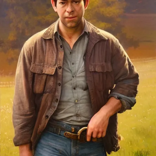 Prompt: ultra realistic portrait painting of john krasinski as farmer, art by frank frazetta, 4 k, ultra realistic, highly detailed, epic lighting