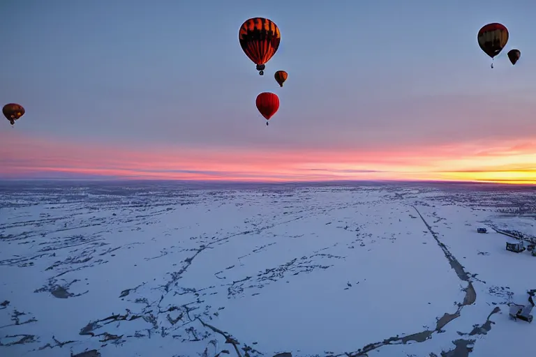 Image similar to aerial photography, lapland, hot air balloons, dusk