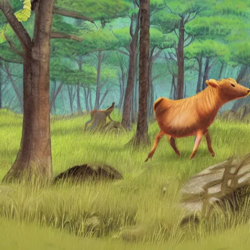 Prompt: an aurochs walking though a forest. illustration. nature illustration. textbook illustration.