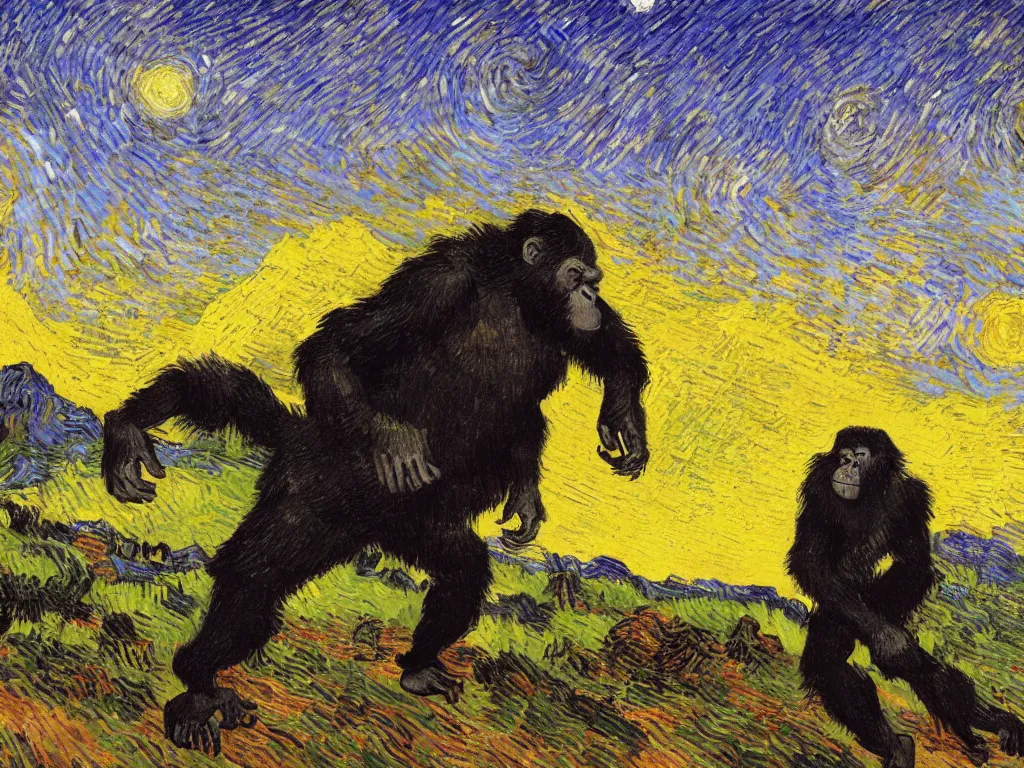 Image similar to bright beautiful oil painting of a primitive ape tdancing in a valley with giant black monoliths at sunrise, light scatter, van gogh