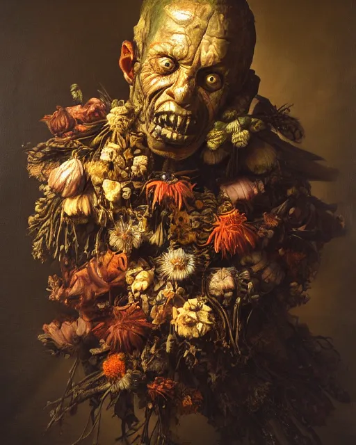 Prompt: oil painting portrait dark background of a mutant man with a strange disturbing face made of flowers and insects by otto marseus van schriek rachel ruysch christian rex van minnen dutch golden age dramatic lighting chiaroscuro