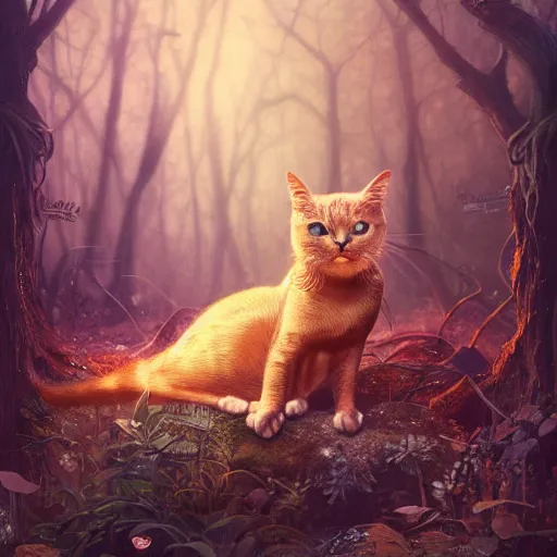 Image similar to metallic gold cat creating magic in the gnarly forest at night by tom bagshaw, mucha, karl kopinski, trending on artstation, 8k, denoised, crisp, hd
