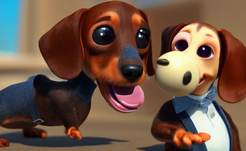 Image similar to happy dachshund catching a ball, detailed fur, soft, suit, suitcase, business outfit, cgi, 3 d animation, pixar