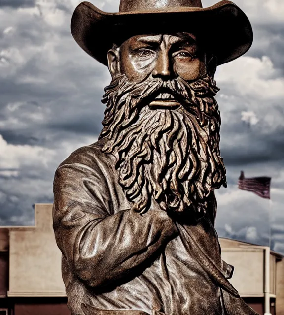 Image similar to a 4 k photorealistic photo medium shot of a bronze statue of a man with a beard wearing a cowboy hate.