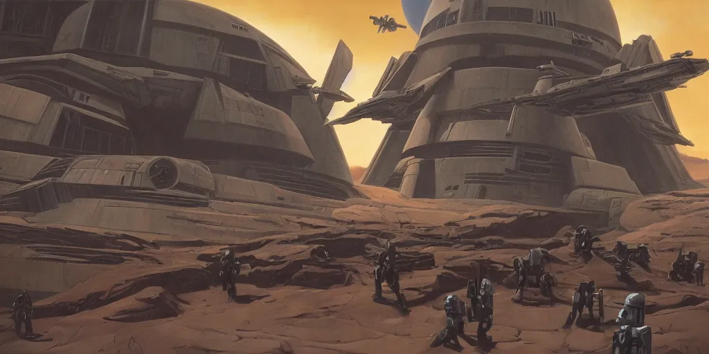 Image similar to star wars mandalorian environment by aaron horkry and ralph mcquarrie