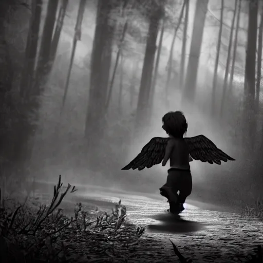 Image similar to a grave digger with remnants of angel wings is chasing a child through a creek in the woods, bad dream, hazy memory, volumetric, hyper realistic, dark black and white in the style of alvin schwartz, epic angles