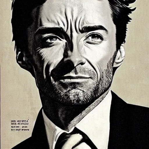 Image similar to Hugh Jackman portrait, vintage magazine illustration 1950