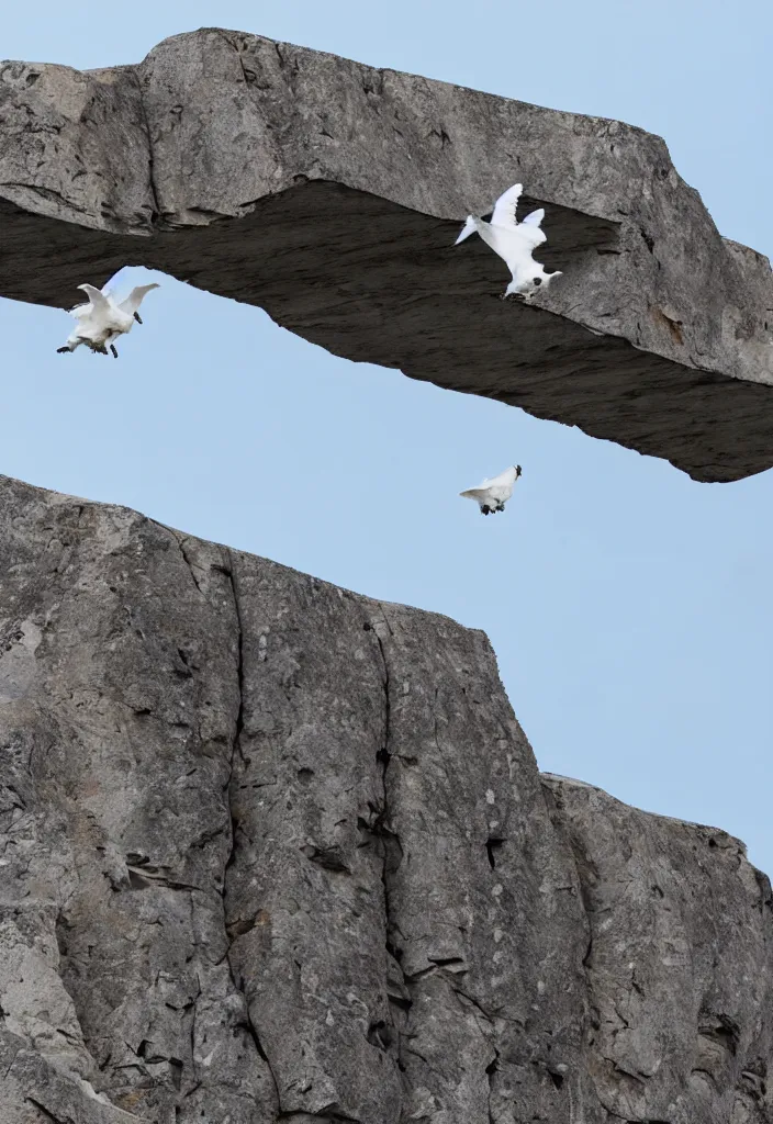 Image similar to a mountain goat flying an impossible distance through the air between two peaks | pure white doves flying in and out of a large chimney |