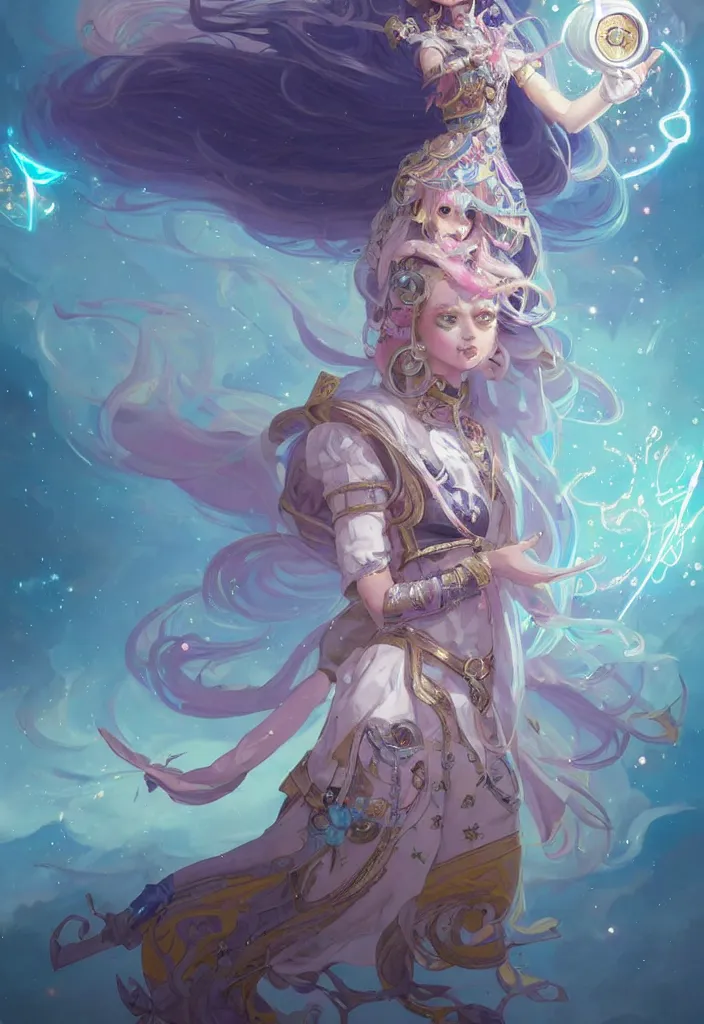 Prompt: full body picture of an maximalist dress magical girl, neat hair with bangs, smug face, extremely beautiful and aesthetic and detailed cute face and eyes, wipe out evils with cute astronaut familiar sprites, aming the magical beams to the camera, chiaroscuro, intricate, masterpiece, epic fantasy illustrations by peter mohrbacher and anato finnstark and jeremy lipking