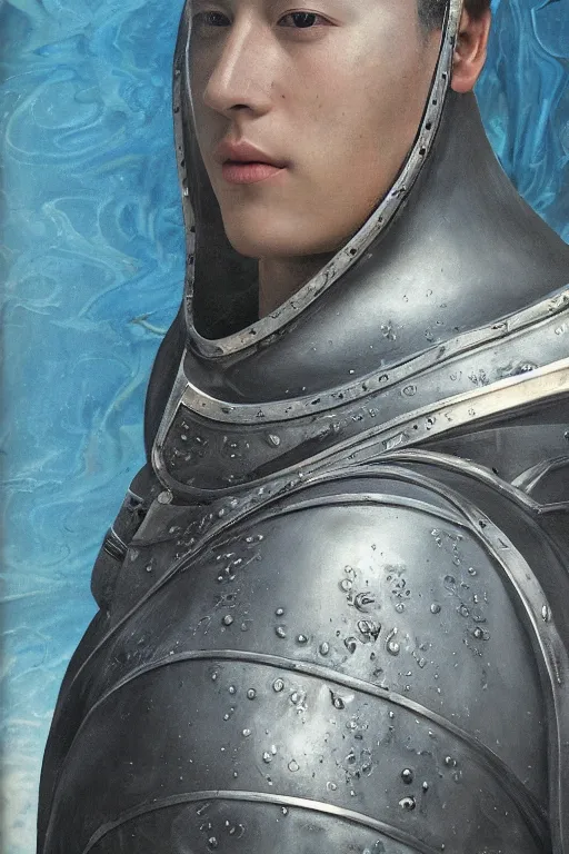 Image similar to hyperrealism oil painting, close-up portrait of medieval euopean fashion model, knight, steel gradient mixed with water swirls sky, in style of baroque mixed with 70s japan book art