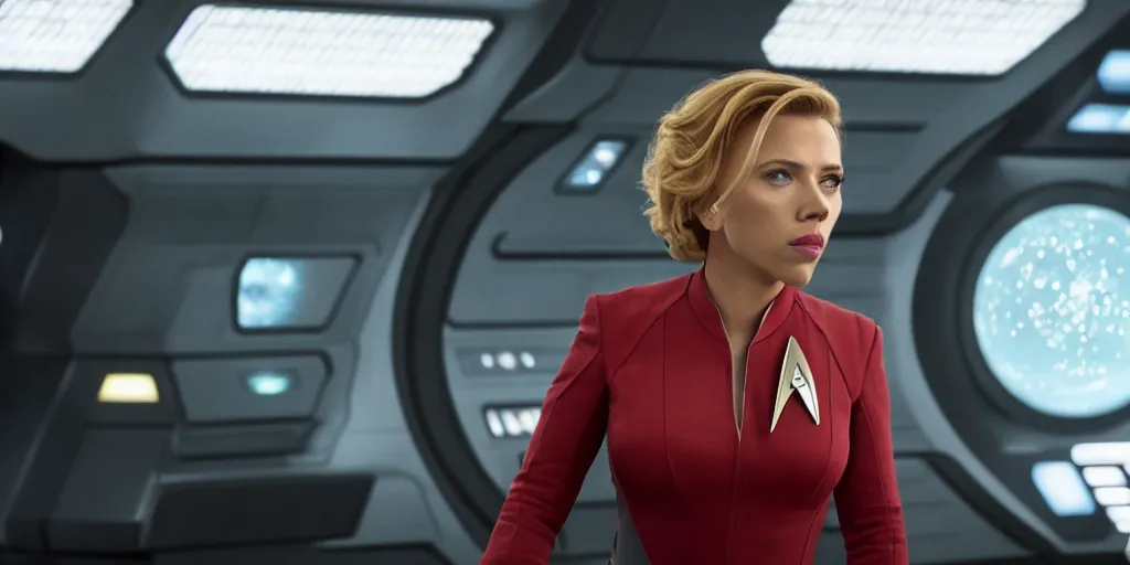 Image similar to incredible wide screenshot, Scarlett Johansson is captain of the Enterprise in the new Star Trek movie