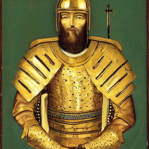 Prompt: man in 15 century decorated with gold crusader armor and mantle with kingdom of jerusalem insignia