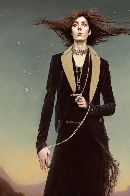 Image similar to a beautiful androgynous man, long hair, tall and thin, soft features, sly, dressed in velvet, rock star, wearing several pendants and a choker, illustration, dramatic lighting, soft details, painting oil on canvas, art nouveau, octane render, hdr, 4 k, 8 k, hd, by edmund blair leighton, brom, charlie bowater, faces by otto schmidt