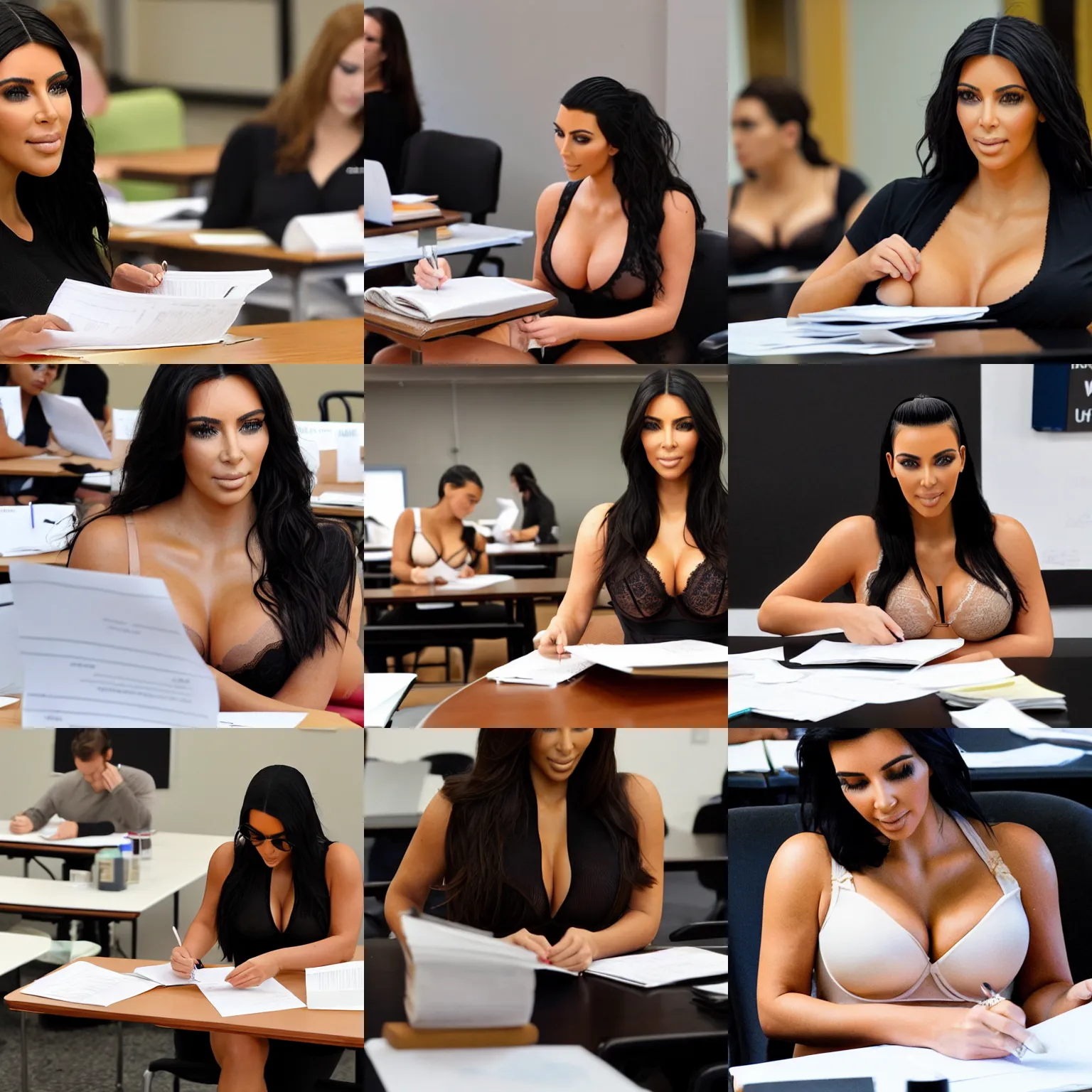 Prompt: a woman with the body of kim kardashian and wearing lingerie reviewing student exams at a table