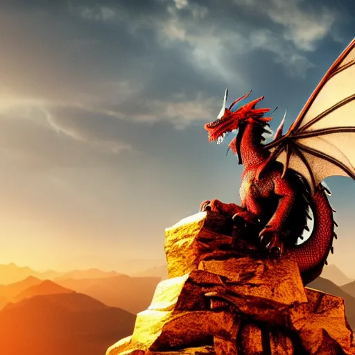 Prompt: Dragon sitting on a mountain of gold, cinematic, dramatic