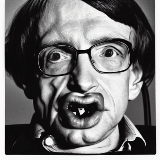 Image similar to Mugshot Portrait of Stephen Hawking, taken in the 1970s, photo taken on a 1970s polaroid camera, grainy, real life, hyperrealistic, ultra realistic, realistic, highly detailed, epic, HD quality, 8k resolution, body and headshot, film still, front facing, front view, headshot and bodyshot, detailed face, very detailed face