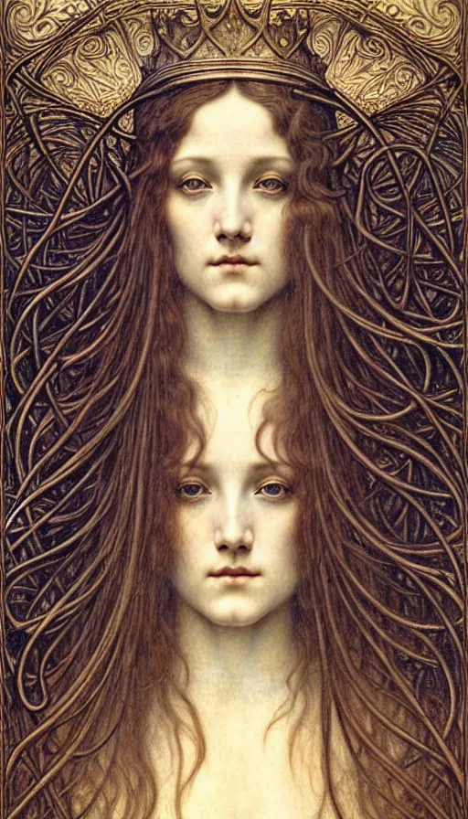 Image similar to detailed realistic beautiful young medieval queen face portrait by jean delville, gustave dore and marco mazzoni, art nouveau, symbolist, visionary, gothic, pre - raphaelite. horizontal symmetry