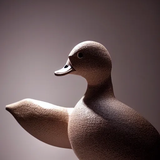 Prompt: a sculpture of duck made of water, a painting in background, studio lighting