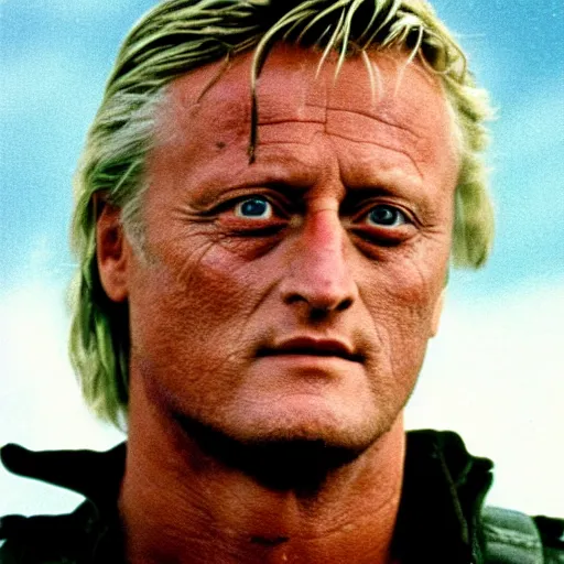 Prompt: rutger hauer in a military base, 1 9 8 7, blue, movie still