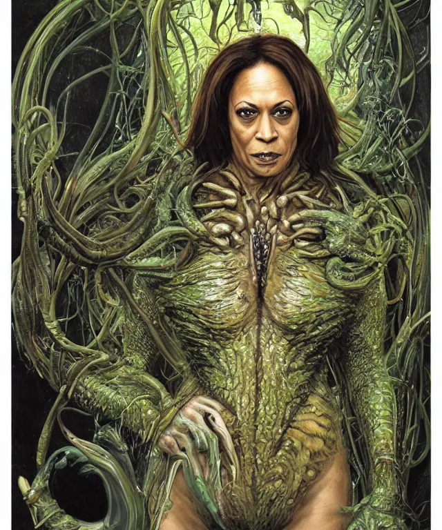 Prompt: a portrait photograph of a fierce kamala harris as an alien harpy queen with slimy amphibian skin. she is trying on a black latex bulbous slimy organic membrane parasitic catsuit and transforming into an insectoid amphibian. by donato giancola, walton ford, ernst haeckel, brian froud, hr giger. 8 k, cgsociety