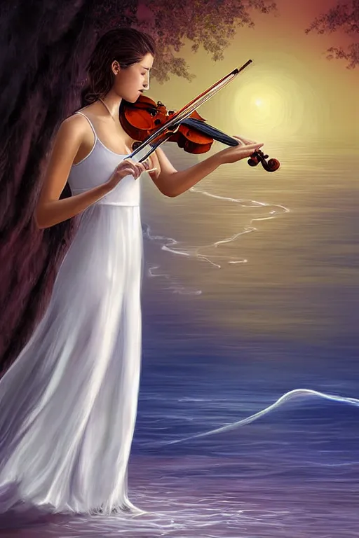 Prompt: beautiful mystical digital painting girl playing violin wearing a long white dress over a wavy ocean by Victor hughes