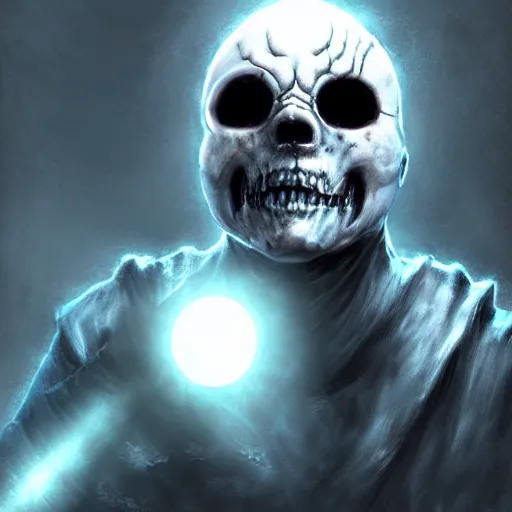 Image similar to photorealistic dark fantasy concept art of ultra horror nightmare sans with his eye glowing, dynamic lighting, stunning visuals, ray tracing, beautiful scenery, cinematic, full body portrait, ultra detailed, hyper detail, stunning detail