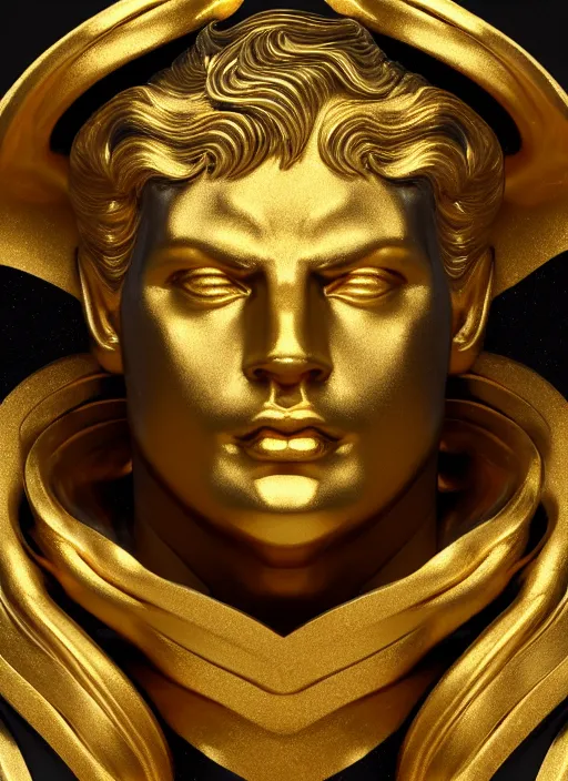 Image similar to stylized gold and black statue made of marble of hercules, perfect symmetrical body, perfect symmetrical face, hyper realistic, hyper detailed, by johannen voss, by michelangelo, octane render, blender, 8 k