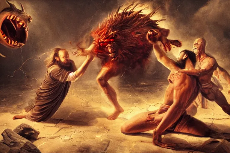 Image similar to hyperrealistic photo of Jesus Christ pummeling red-skinned Satan devil Lucifer in the face on the floor to a pulp, 8k cinematic, epic fight scene, stunning composition, DSLR focus on the subjects