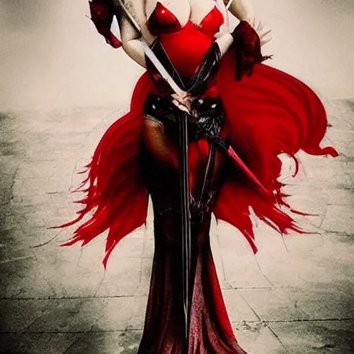 Prompt: “ beautiful red headed vampire woman stepping out of a pool of blood, holding two swords ”