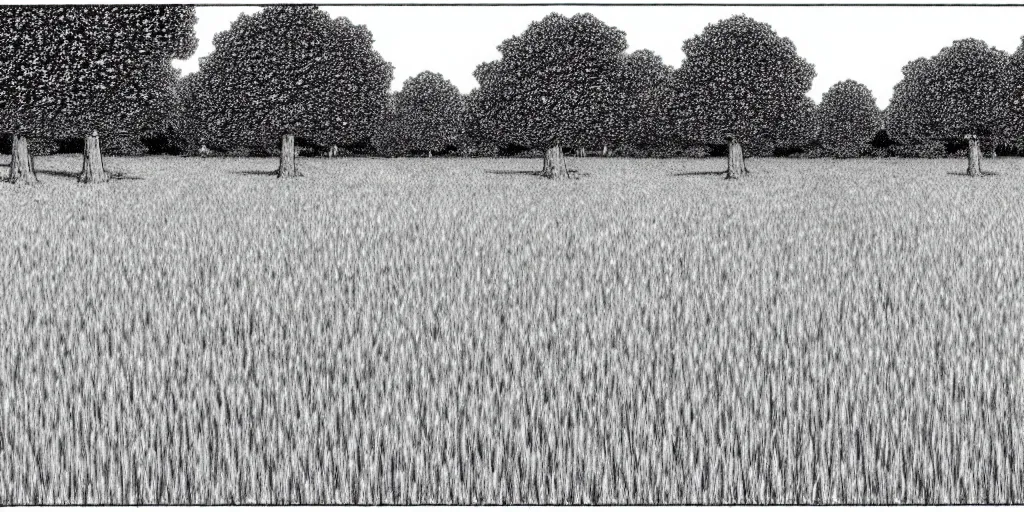 Image similar to a peaceful meadow, black and white manga panel, hitoshi ashinano, naoki urasawa fantasy