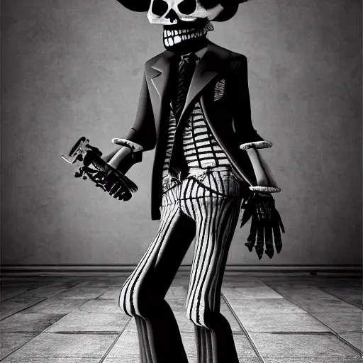 Image similar to mafia skeleton with a puro and a gun in hand, black and white, vintage, 80s movies, 8k cinematic shot, hyper realistic, very detailed